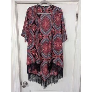 Design Lab Lord & Taylor Kimono Wrap women's size pink paisley fringe coverup‎